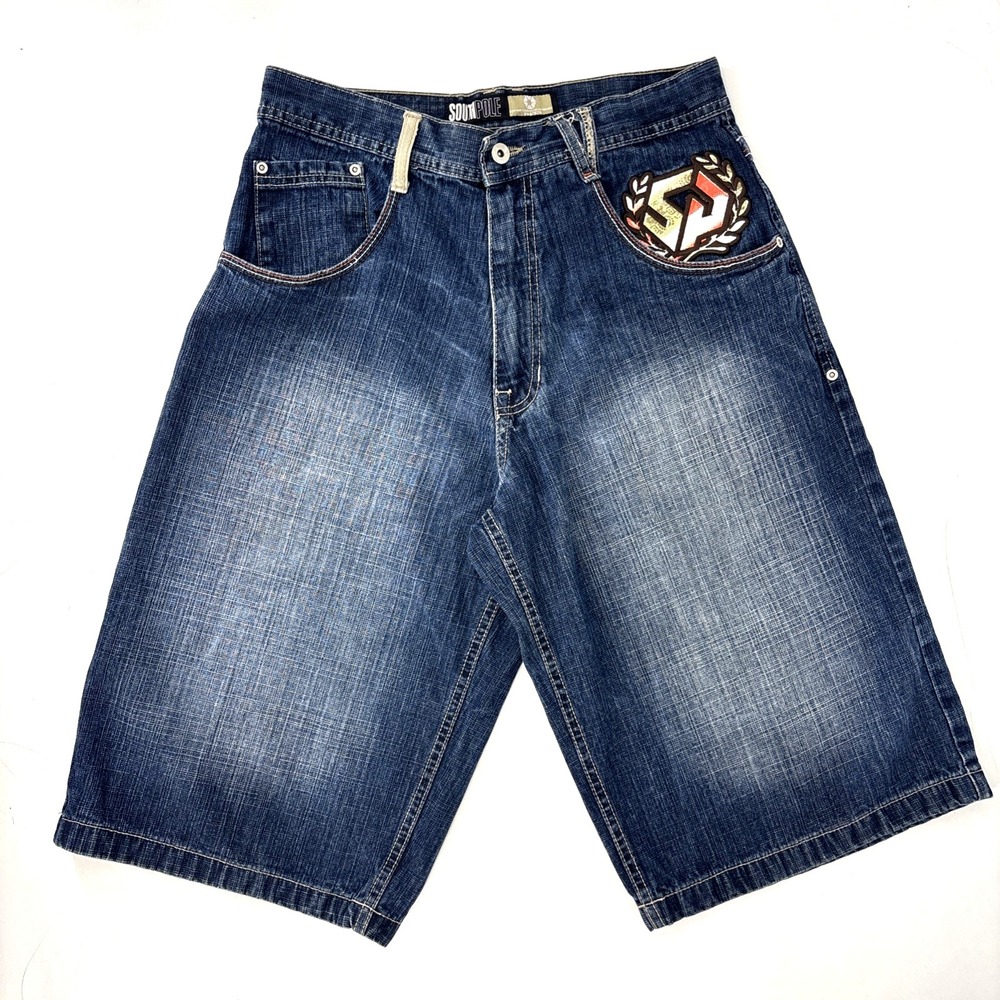 SouthPole Embroidered Wide Leg Baggy Denim Blue Jean Shorts 32 JNCO Y2K Skater